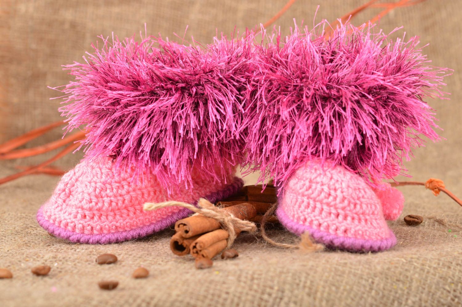 Booties for babies made of acrylic yarn handmade pink beautiful accessory photo 1