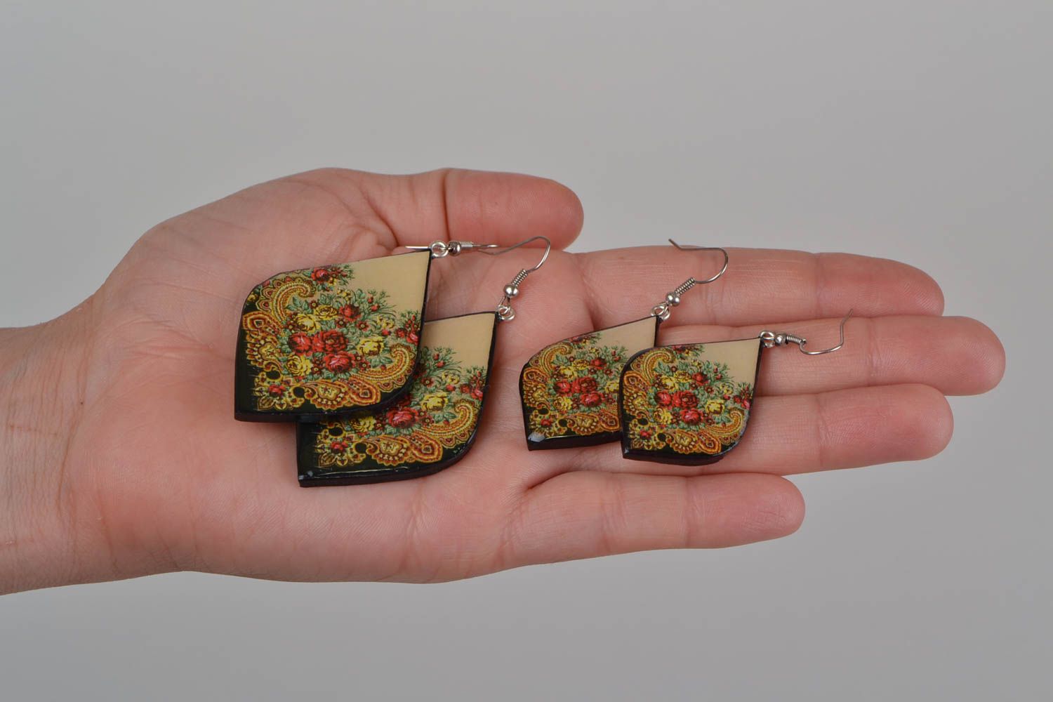 Beautiful homemade designer polymer clay earrings with decoupage 2 pairs photo 2