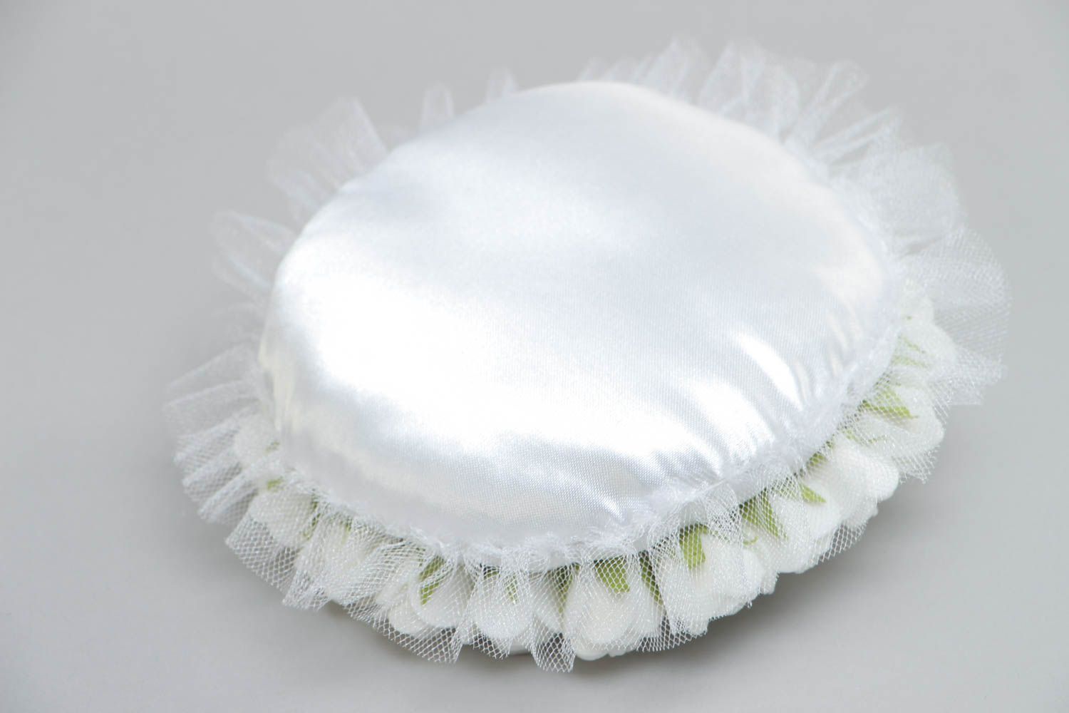 White handmade satin ring bearer pillow with artificial flowers photo 4