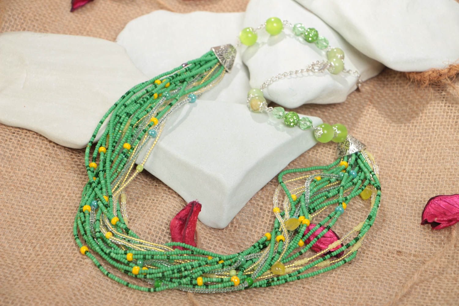 Handmade multi row beaded necklace in green and yellow color combination photo 1