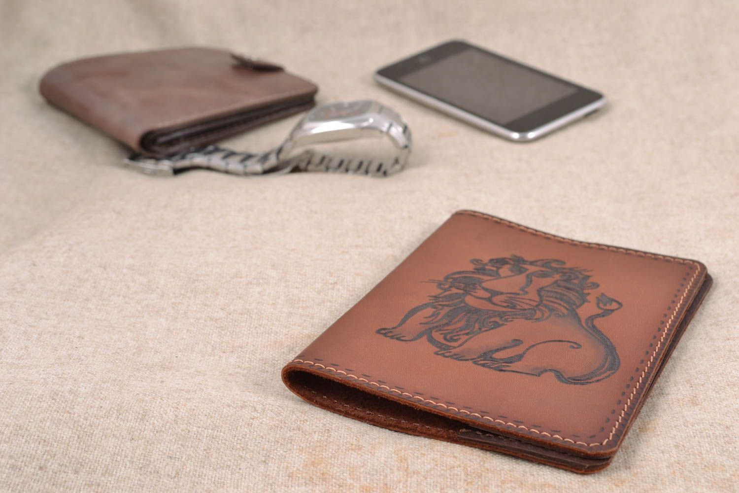 Leather passport cover with painting photo 1