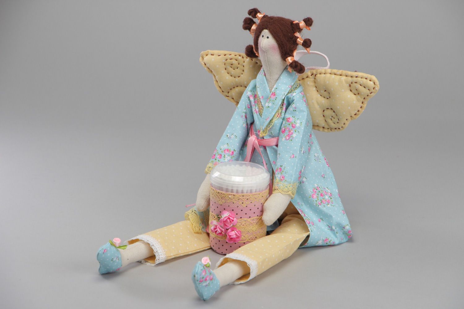 Handmade designer fabric soft doll Keeper of Cotton Swabs photo 1