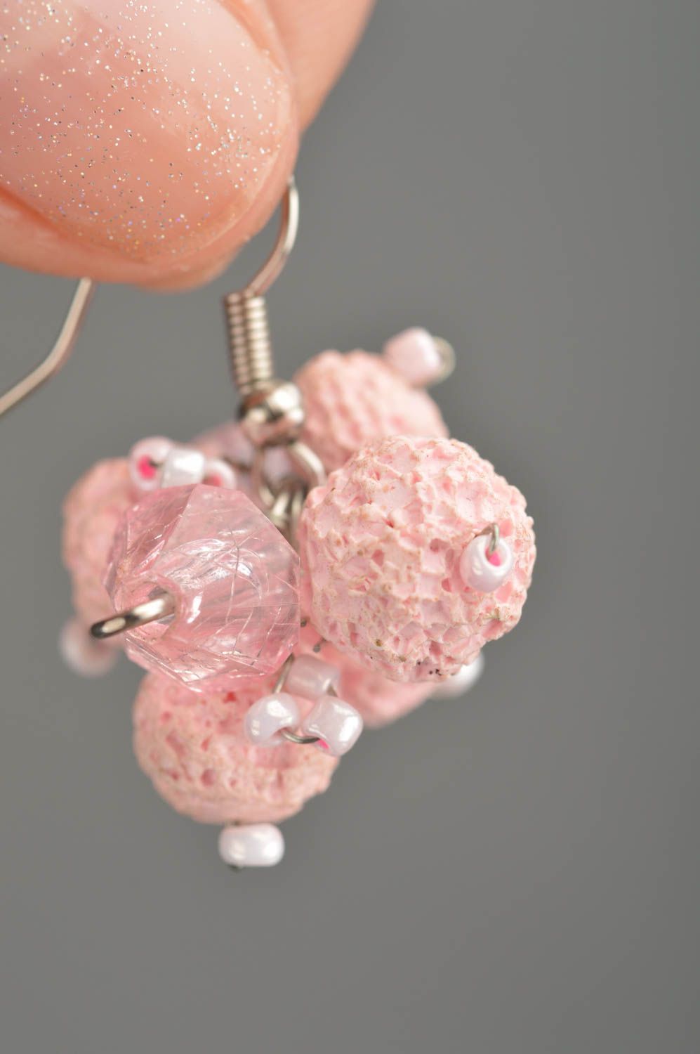 Handmade pink earrings made of polymer clay and beads on hooks photo 2