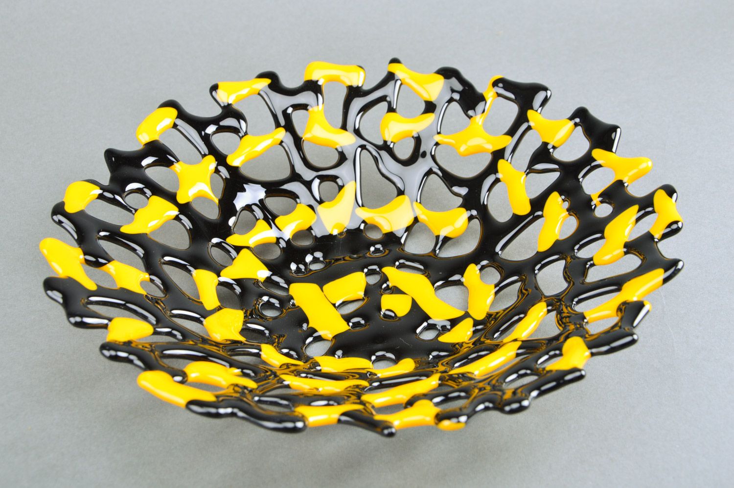 Large decorative handmade fused glass fruit bowl of yellow and black colors  photo 2