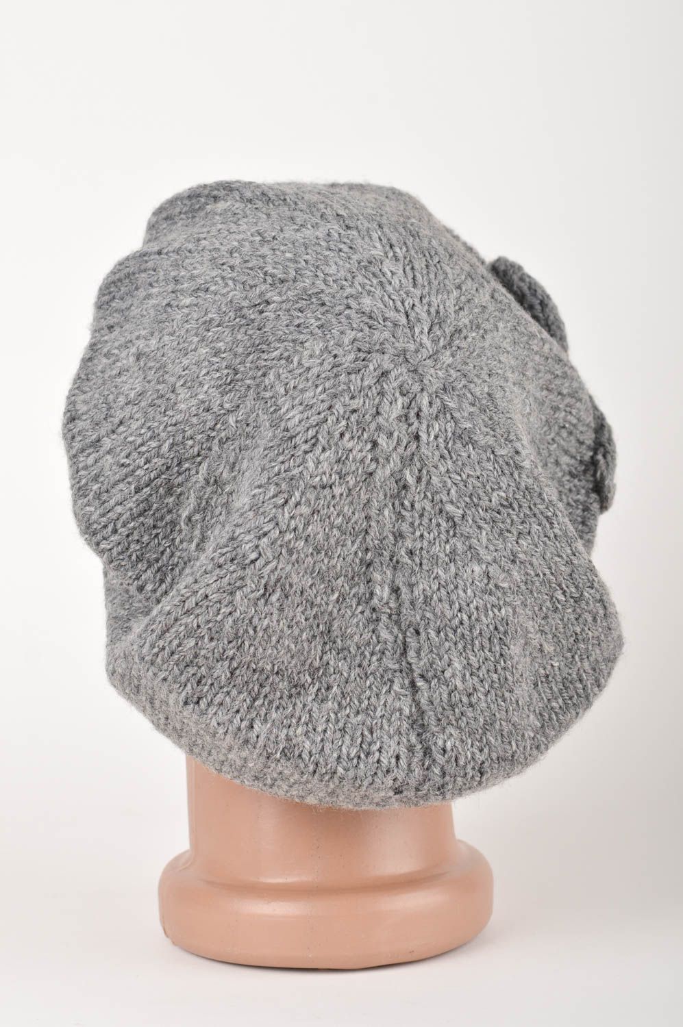 Handmade grey crocheted cap beautiful female beret elegant women headwear photo 5
