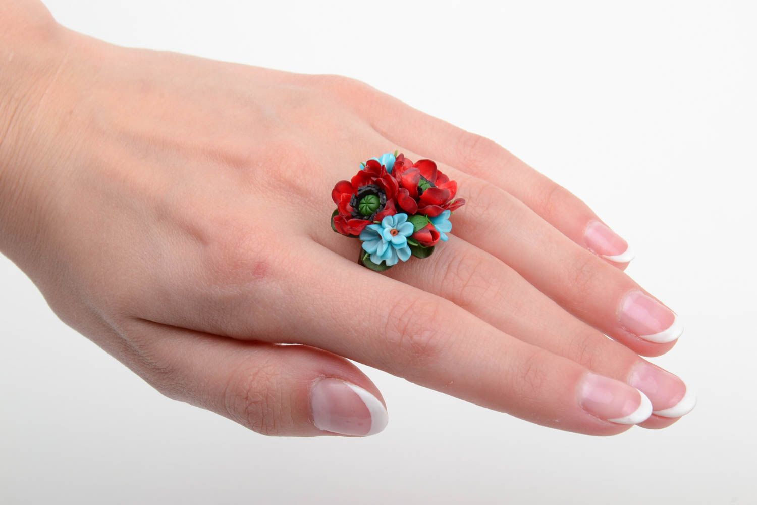 Set of handmade jewelry earrings and ring with polymer clay flowers 2 items photo 5