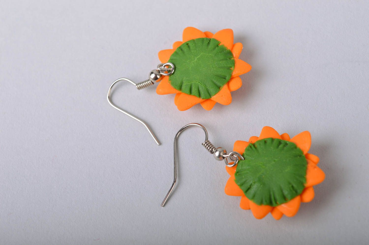 Handmade bright designer dangle earrings with orange cold porcelain flowers photo 5