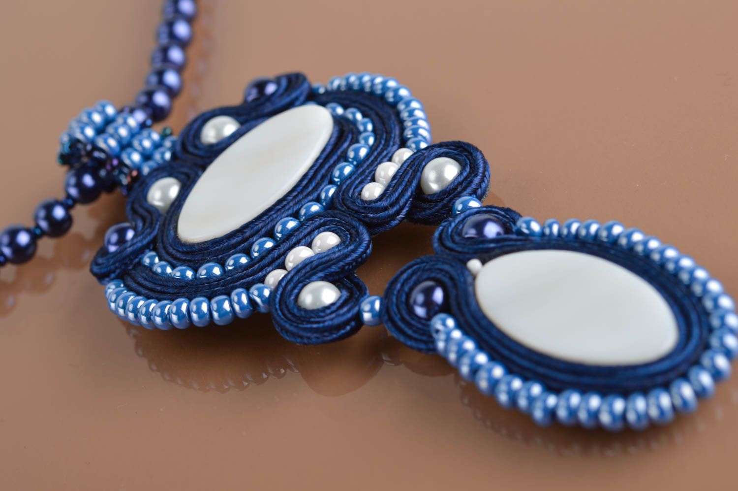 Beautiful blue handmade elegant soutache necklace with Czech beads photo 5