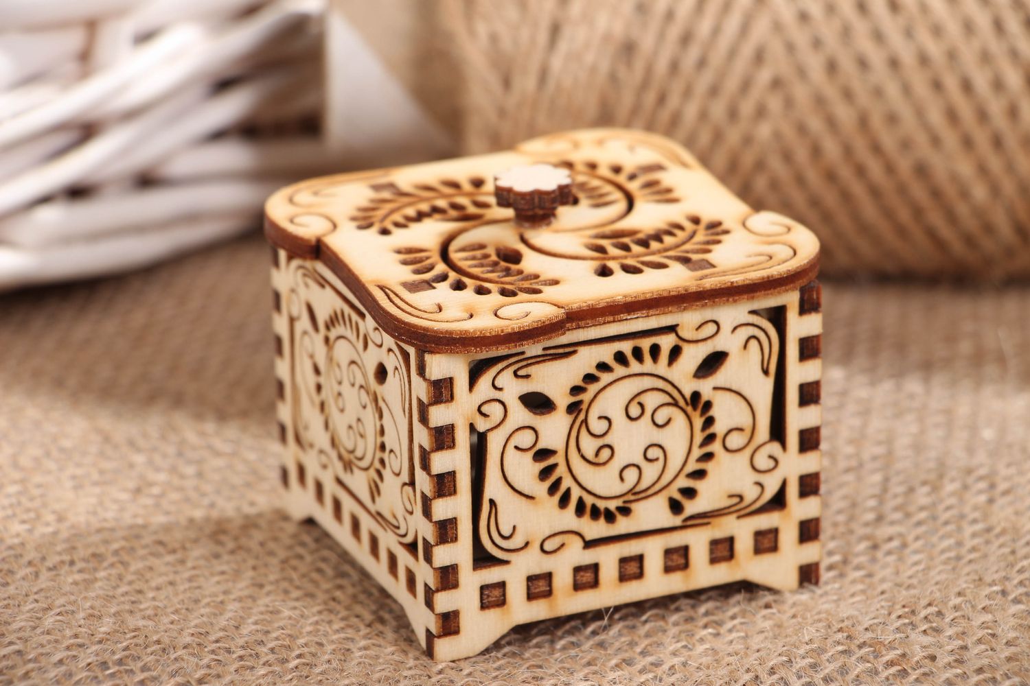 Hand carved wooden jewelry box with ornaments photo 5