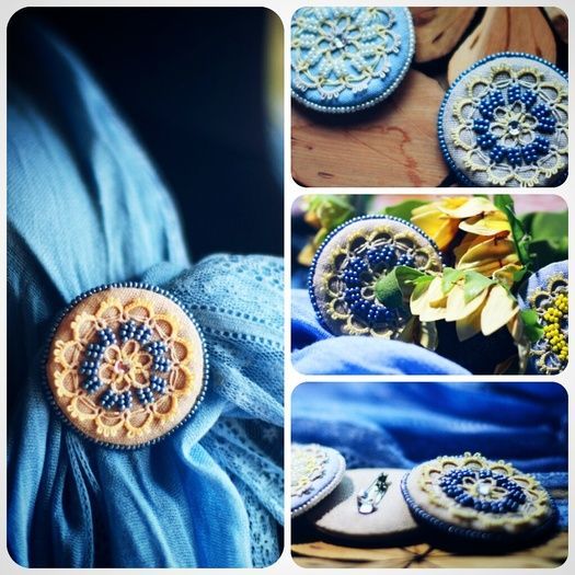 Fabric brooch with tatting lace and beads photo 3