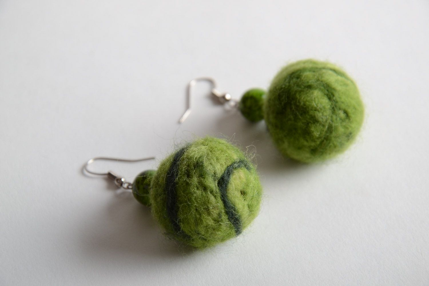 Green handmade felted wool ball earrings for girls photo 4