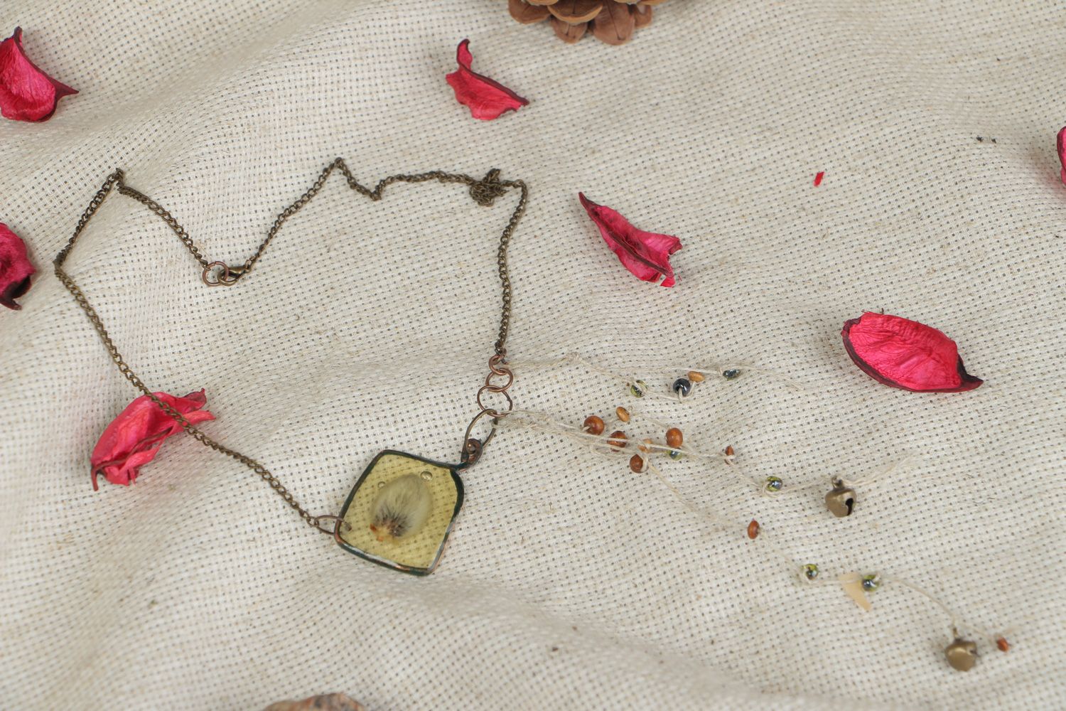 Handmade botanical pendant on long chain with real flowers coated with epoxy photo 5