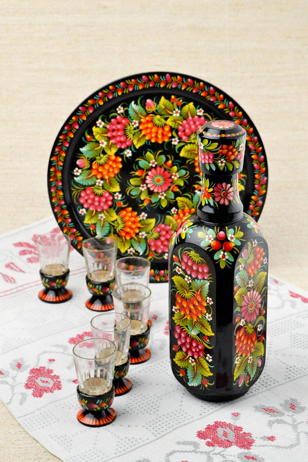 Handmade wooden bottle 6 shot glass wooden tray decorative wine set gift ideas photo 1