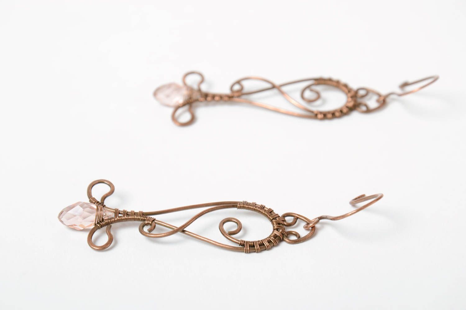 Beautiful unusual handmade long wire wrapped copper earring with clear crystal  photo 3