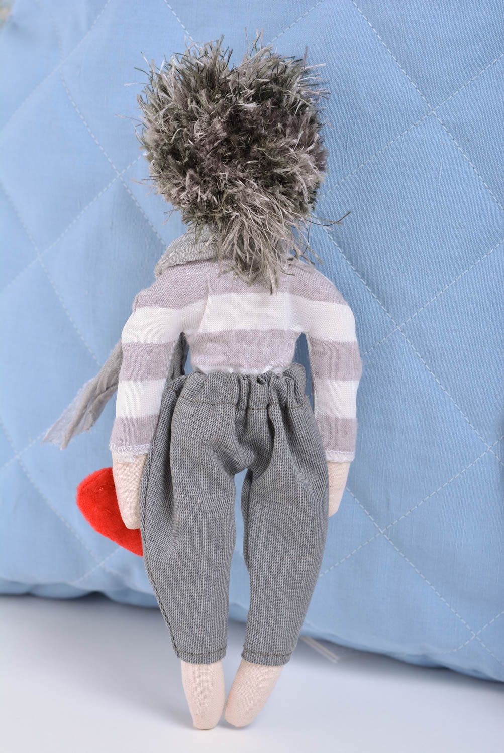 Handmade designer interior fabric soft toy boy with gray scarf and red heart photo 3