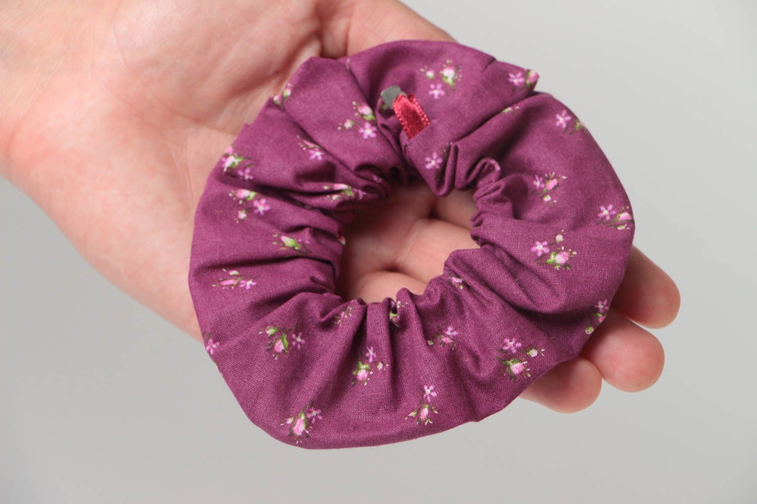 Beautiful handmade textile scrunchy of violet color with flower pattern photo 5