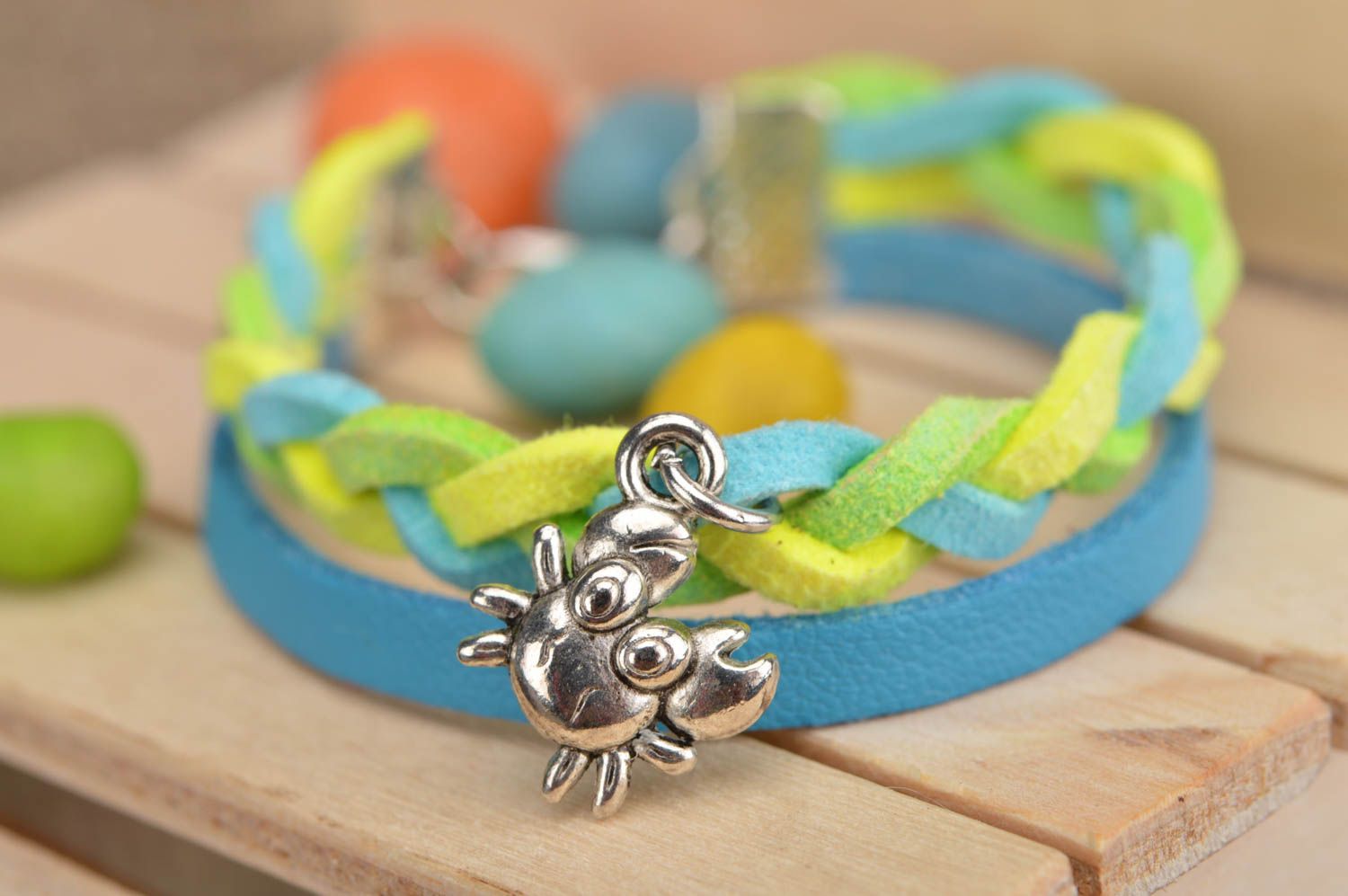 Handmade designer genuine leather cord wrist bracelet blue and yellow with charm photo 1