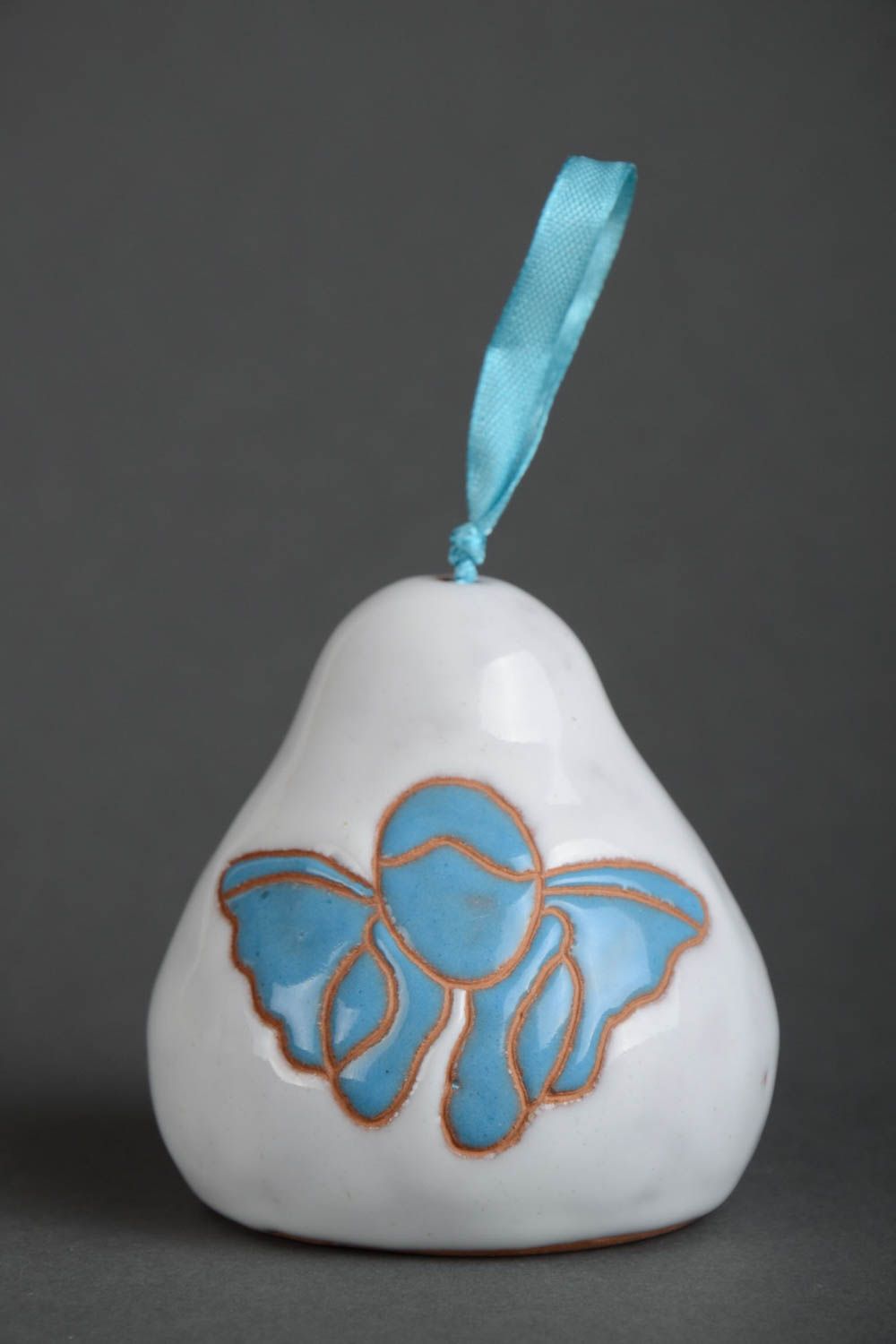 Handmade decorative white painted ceramic bell with blue angel on ribbon photo 2