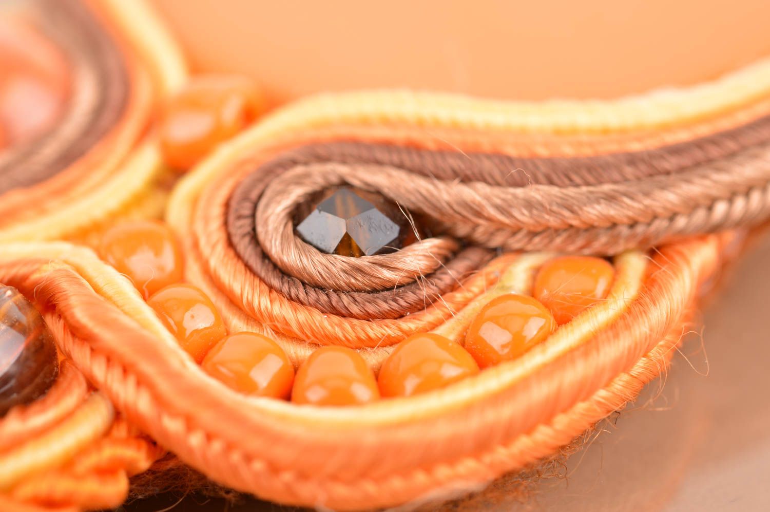 Unusual handmade long orange soutache earrings with beads designer jewelry photo 4