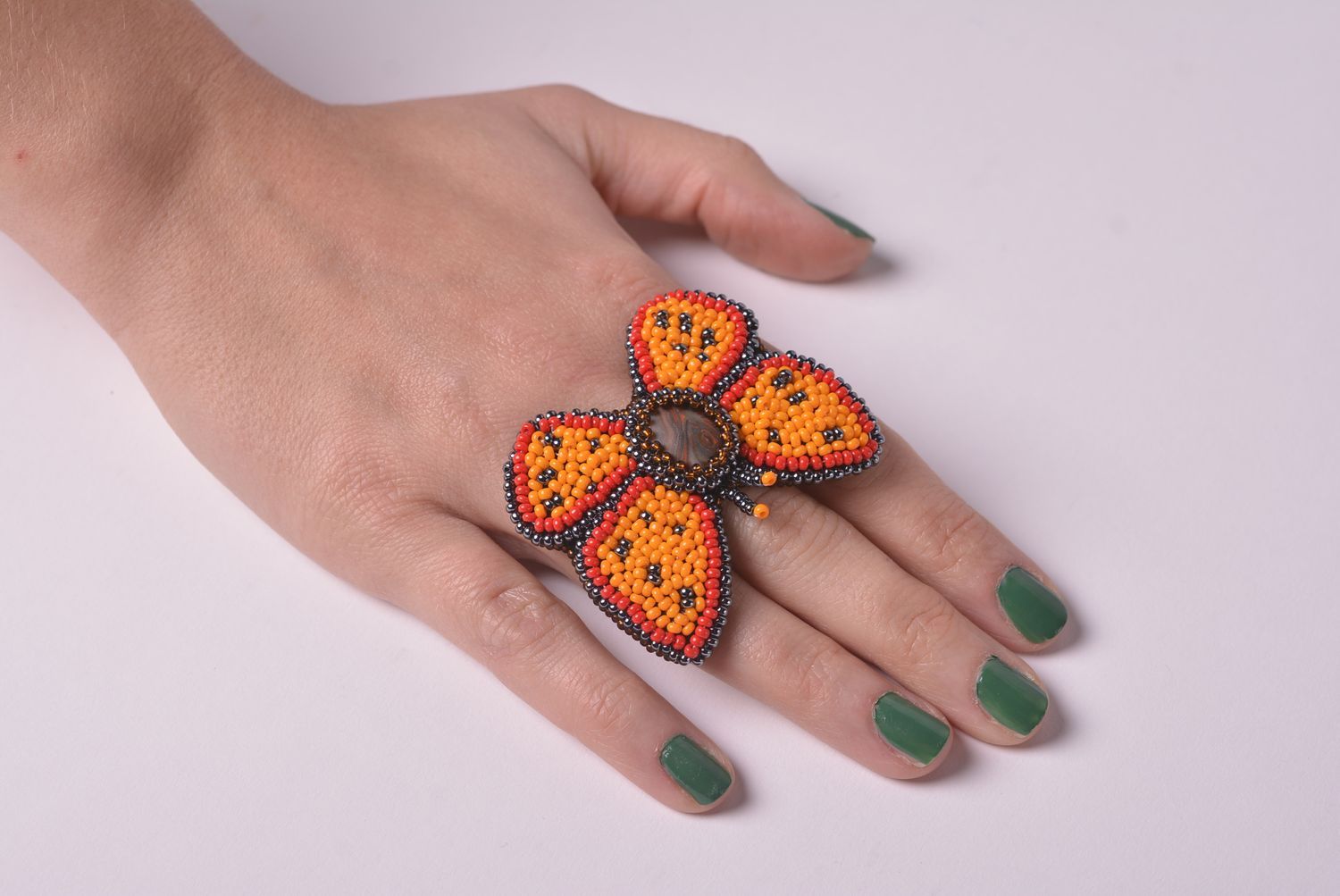 Grosse Bague papillon orange Bijou fait main cuir perles rocaille Cadeau femme photo 6