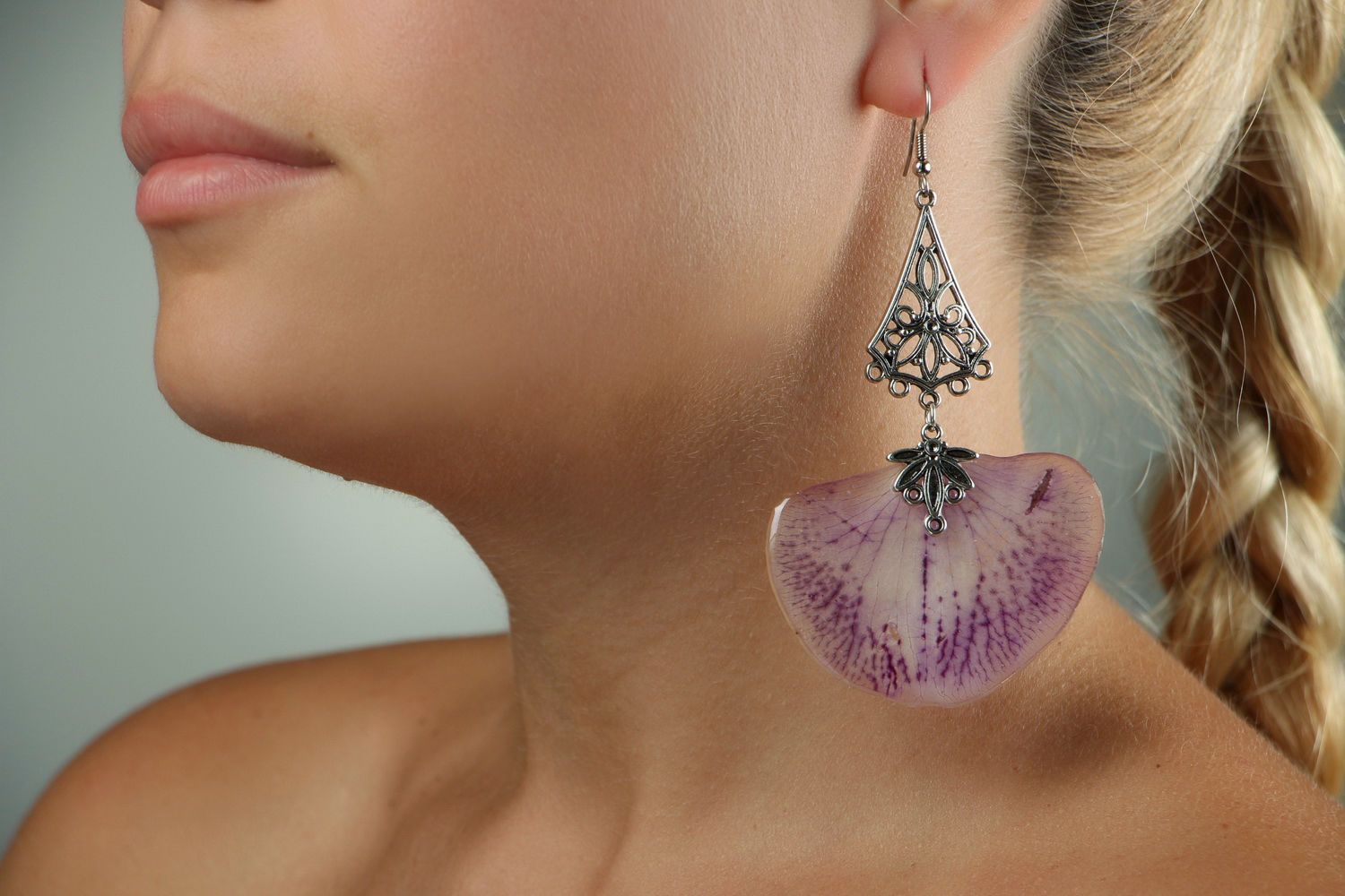 Big earrings with epoxy Orchid petal photo 4