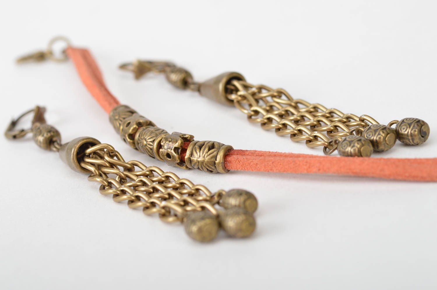 Set of handmade jewelry suede cord bracelet and metal dangle earrings Waterfall photo 2