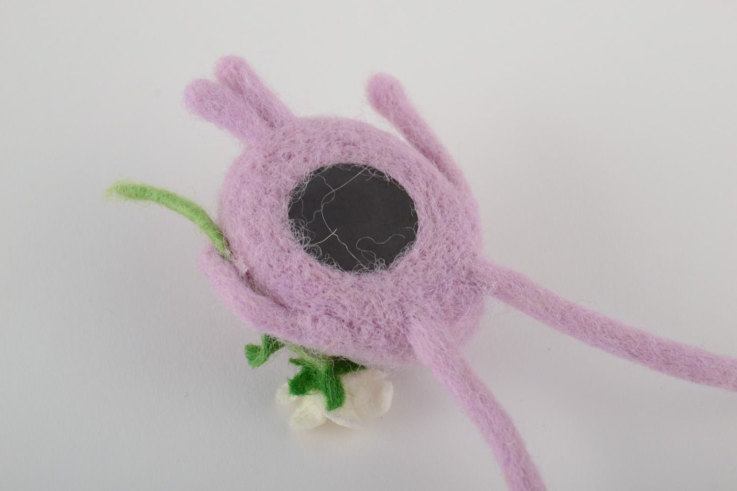 Handmade decorative fridge magnet felted of natural wool lilac rabbit with flower photo 3