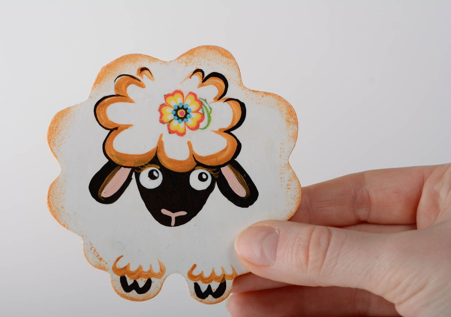 Bright painted handmade MDF fridge magnet figurine of sheep photo 5