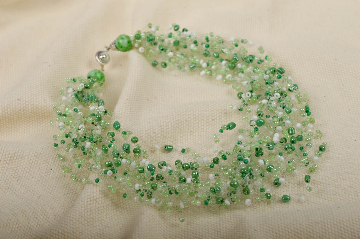 Handmade beaded necklace airy necklace white beaded necklace green necklace  photo 2