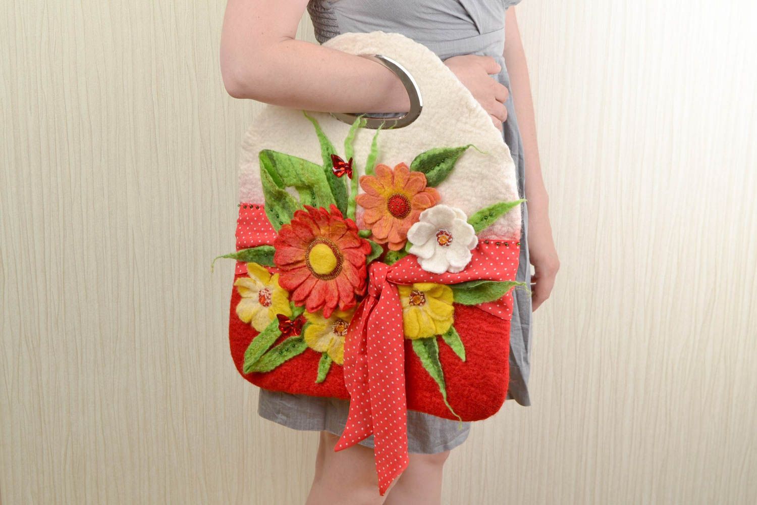 Designer felted bag with flowers made of natural wool handmade roomy purse photo 2