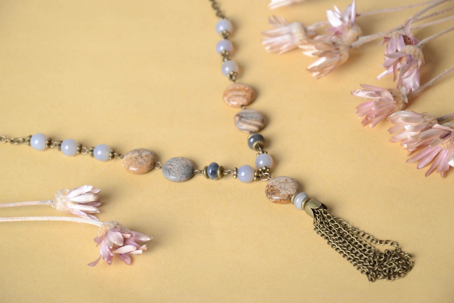 Ожерелье ручной работы колье из натуральных камней длинное украшение на шею фото 1
