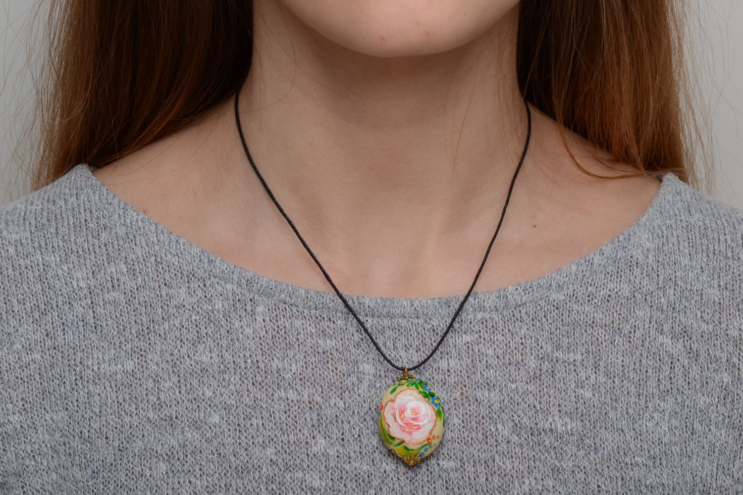 Handmade designer plastic pendant with acrylic painting on cord for women photo 1