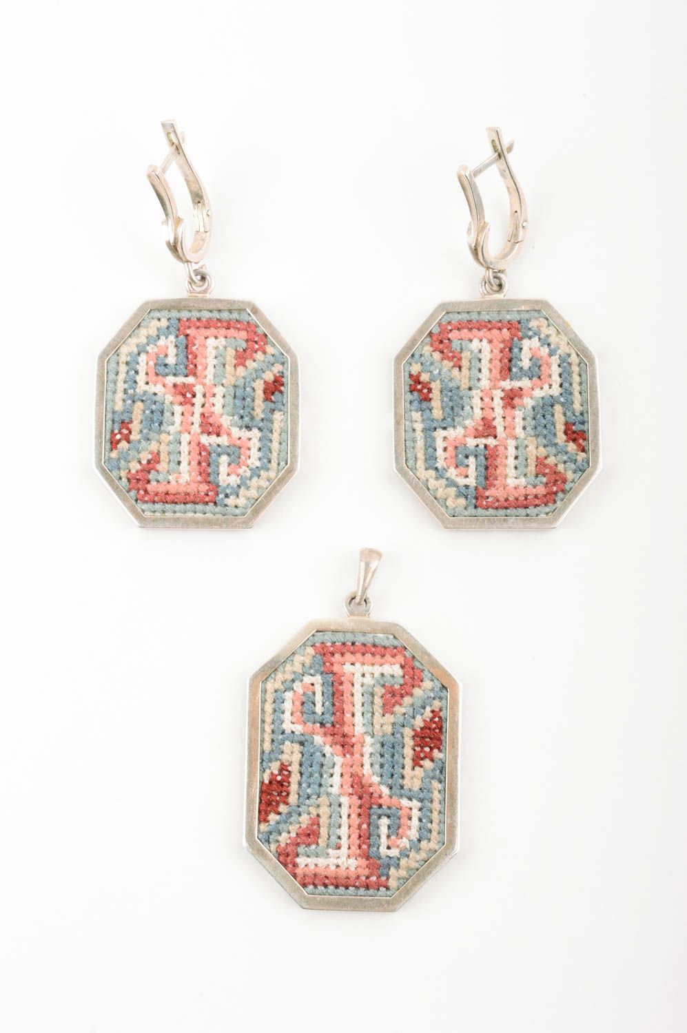 Unusual set of jewelry embroidered pendant and earrings handmade accessories photo 1