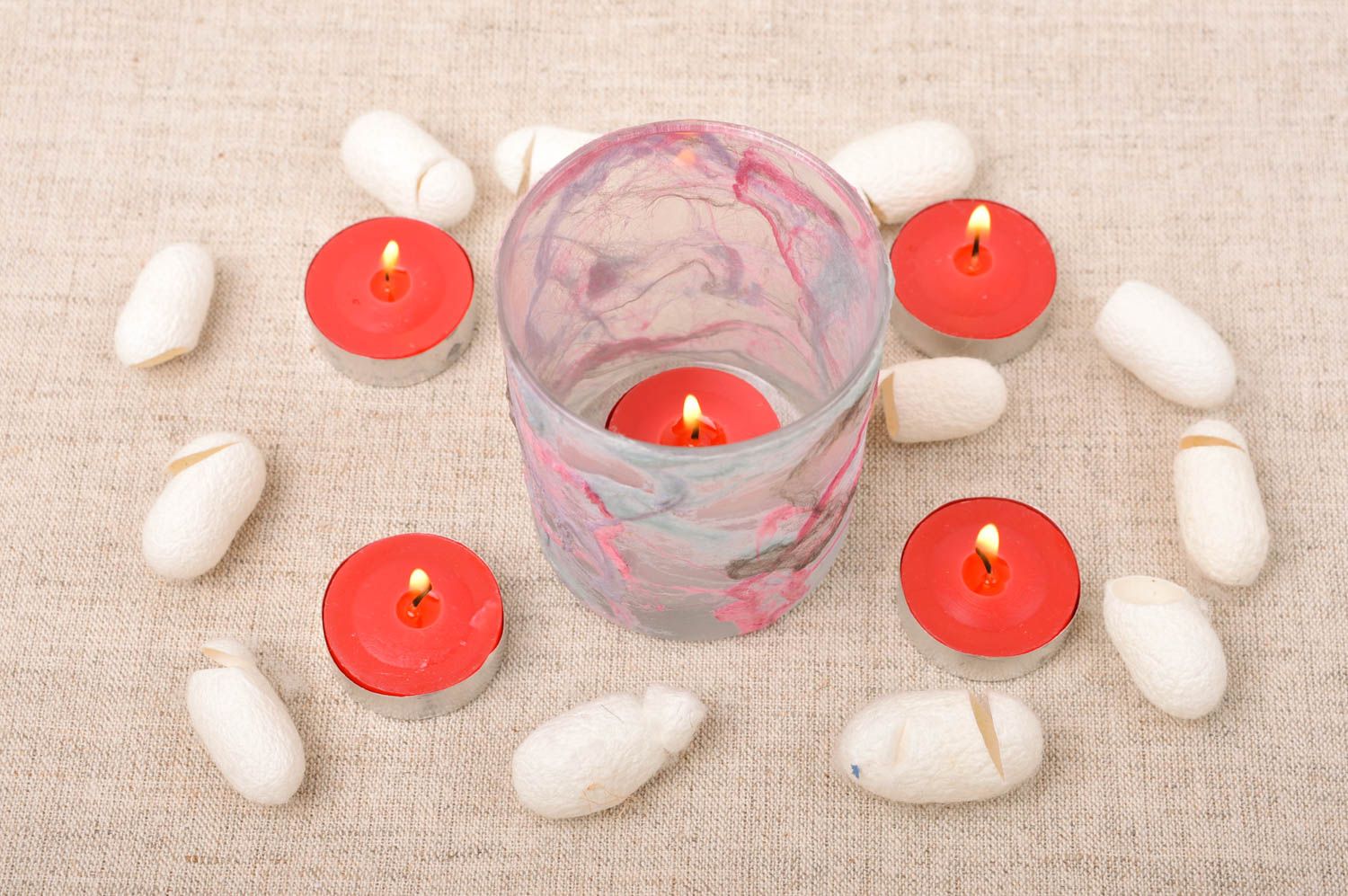 Glass one tea light candle holder in pink and grey colors 3,54 inches, 0,45 lb photo 1