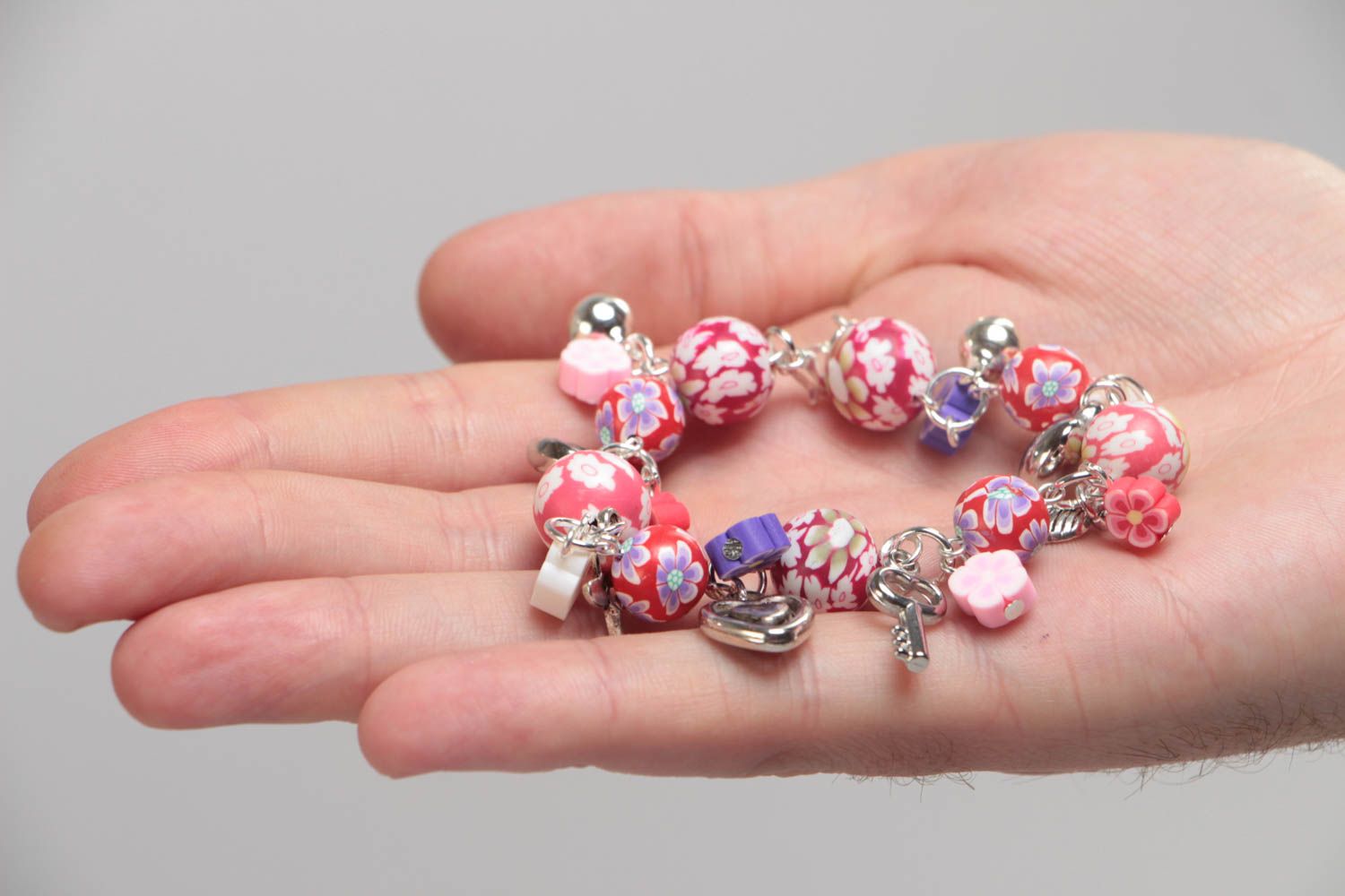 Colorful handmade children's design polymer clay wrist bracelet with charms photo 5