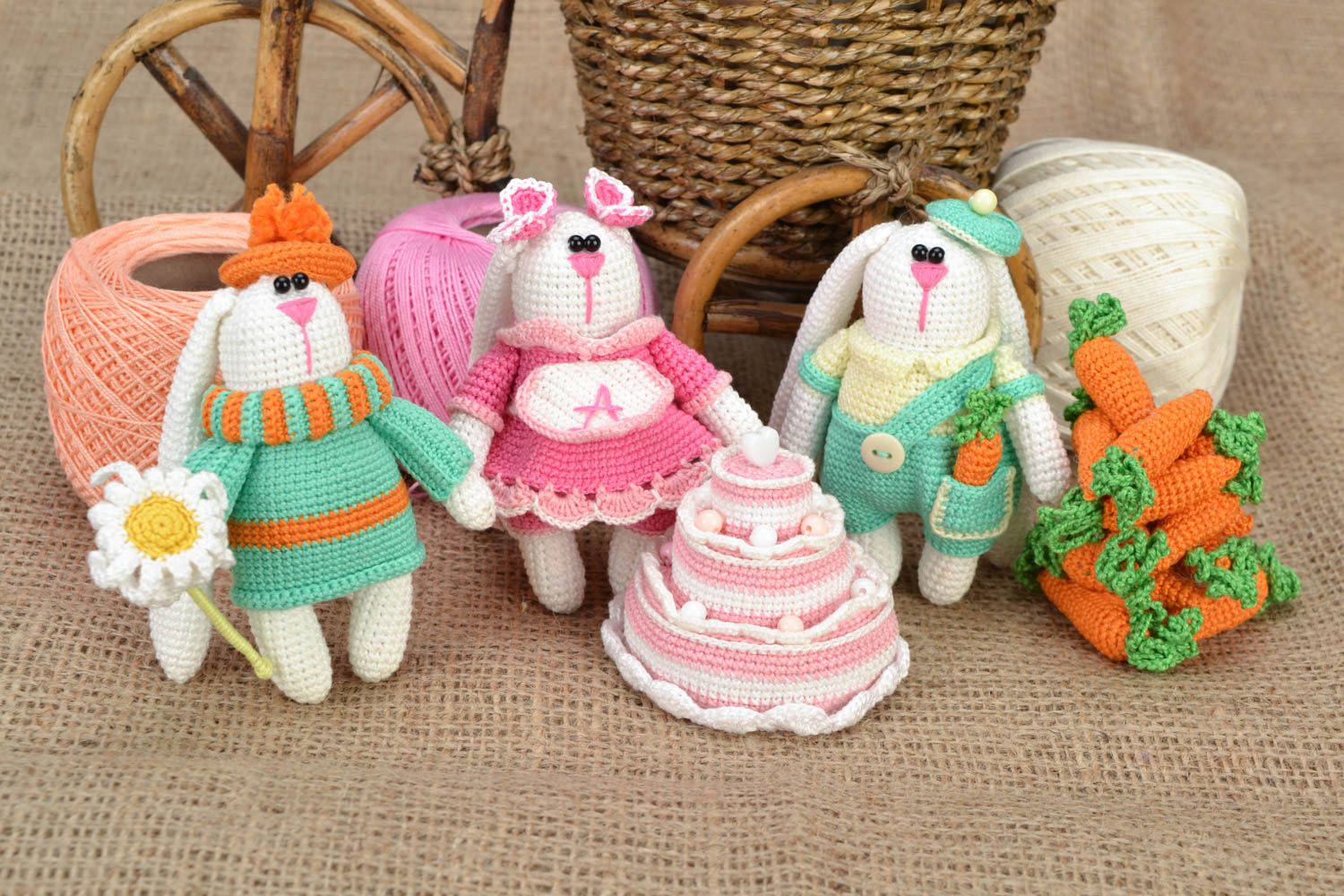 Set of beautiful handmade colorful crochet soft toys 3 pieces photo 1