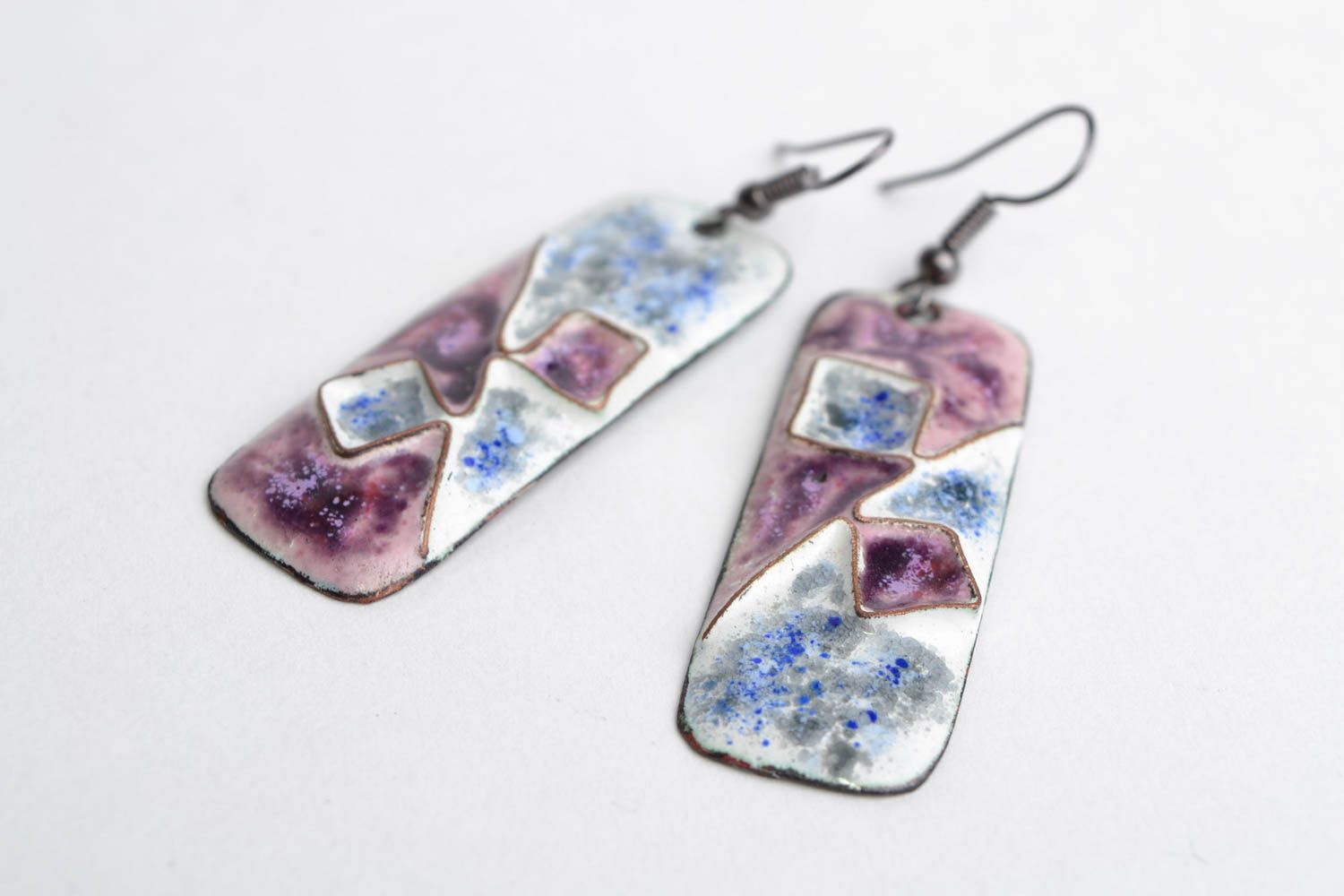 Handmade tender blue and violet enameled copper rectangular earrings Diagonal photo 4