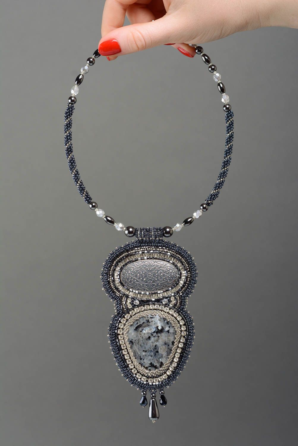 Large beaded handmade dark necklace with natural larvikite stone  photo 3