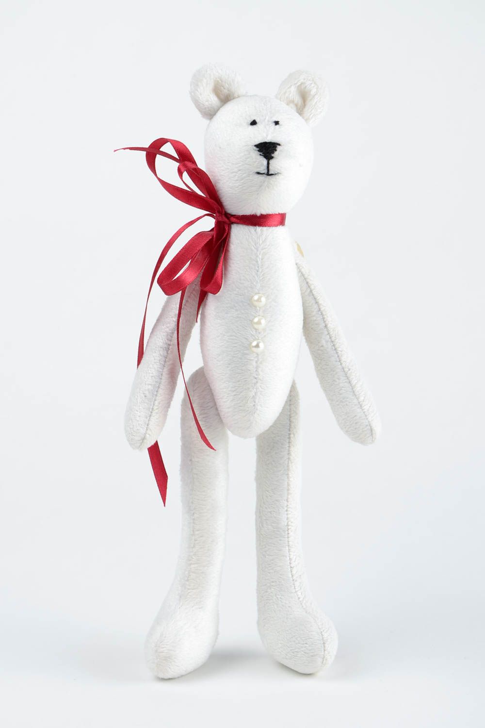 Jouet Ours en peluche blanc fait main avec noeud rouge Cadeau pour enfant photo 4