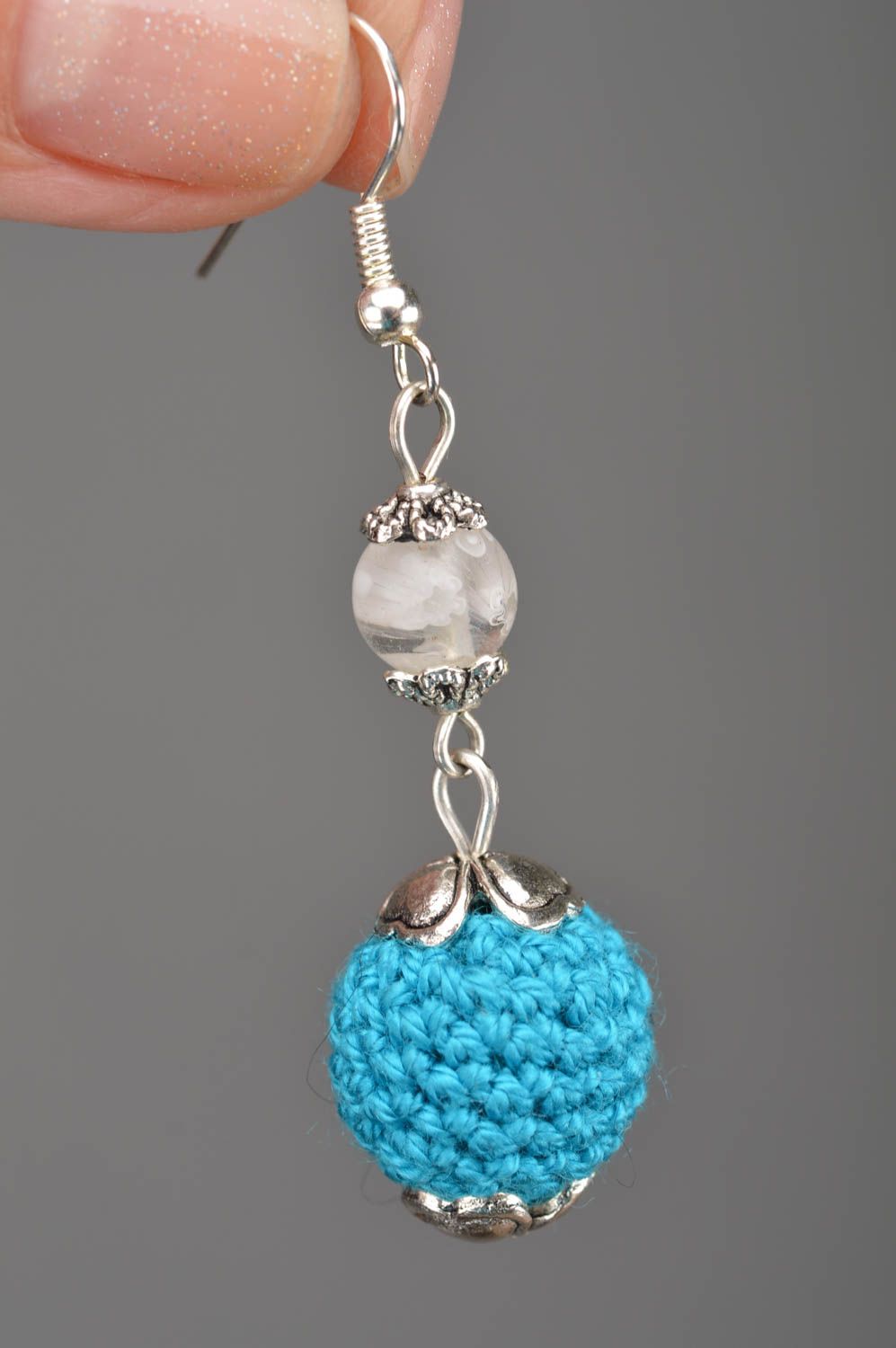 Unusual beautiful blue handmade designer ball earrings crochet over with threads photo 2