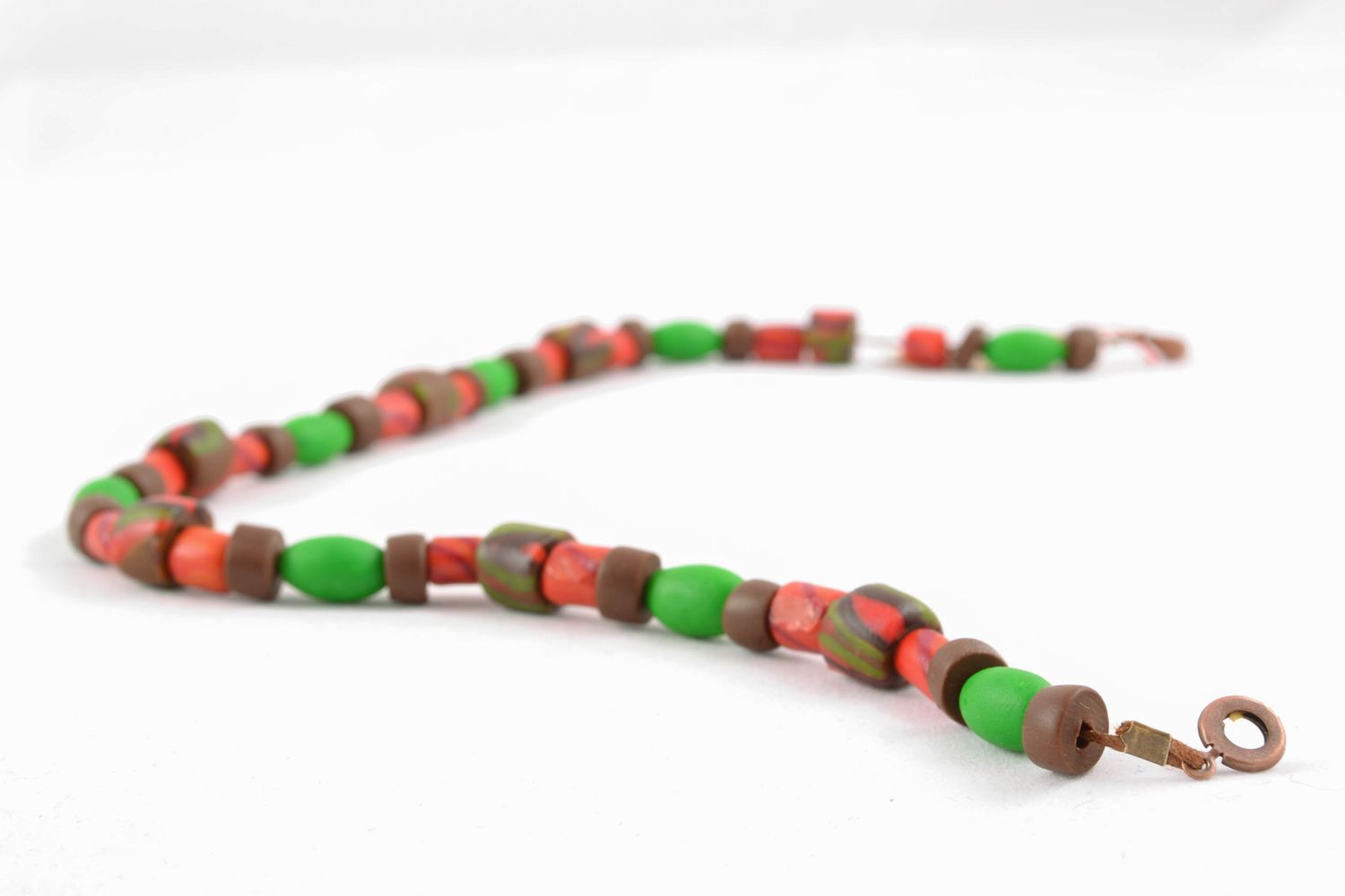 Clay beads necklace in light green, brown and red colors photo 2