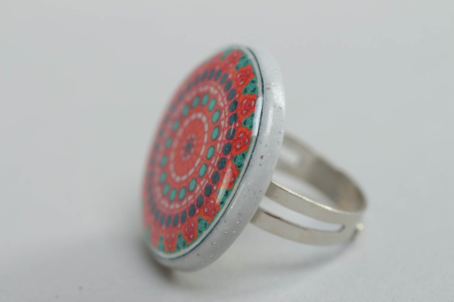 Beautiful round handcrafted vintage ring made of polymer clay with a bright print  photo 2