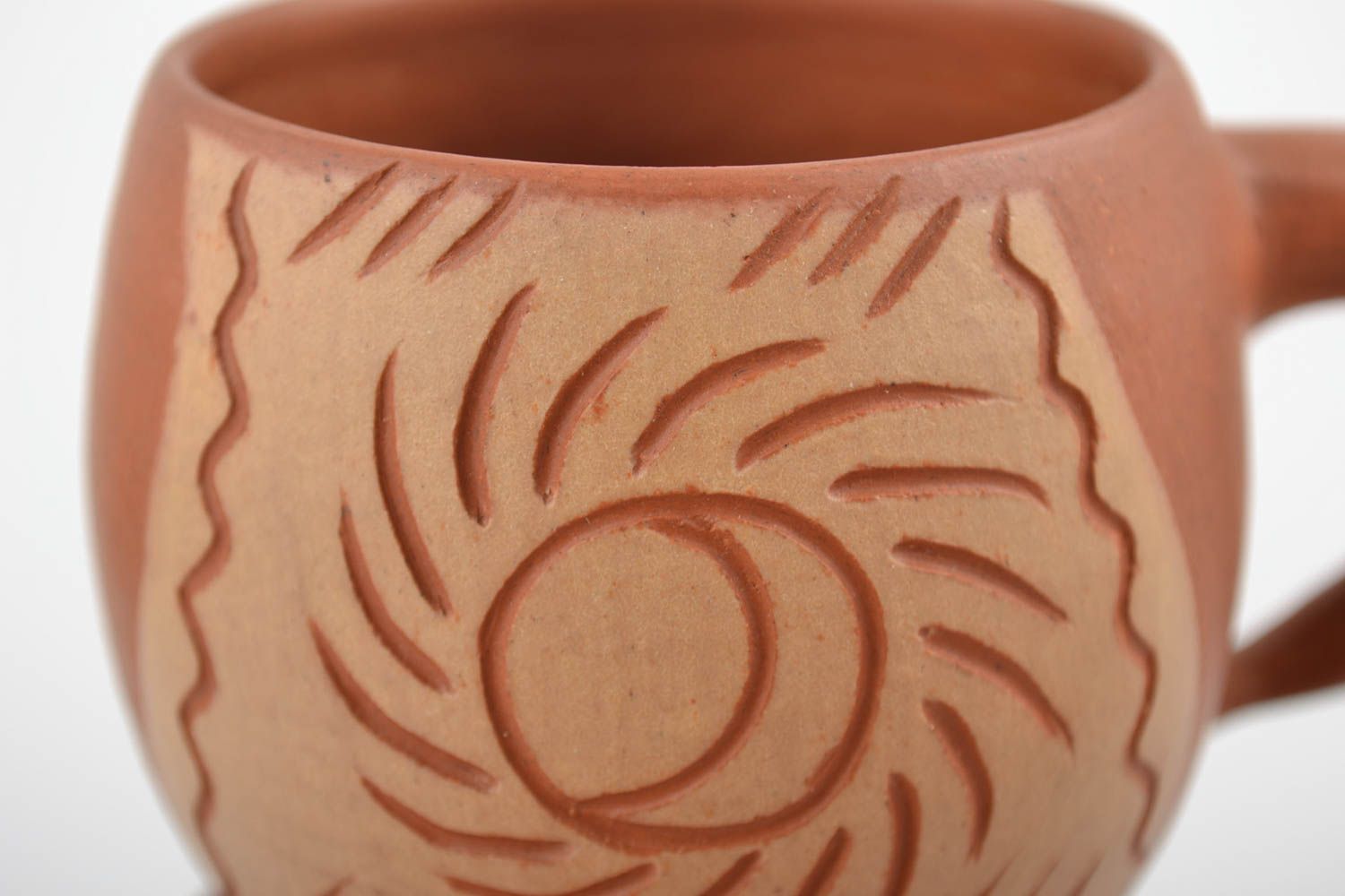 Set of 5 five terracotta natural clay Mexican style coffee cups with cave drawings photo 5