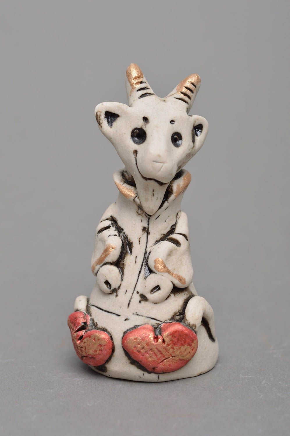 Unusual handmade designer porcelain figurine of white goat in mittens photo 1
