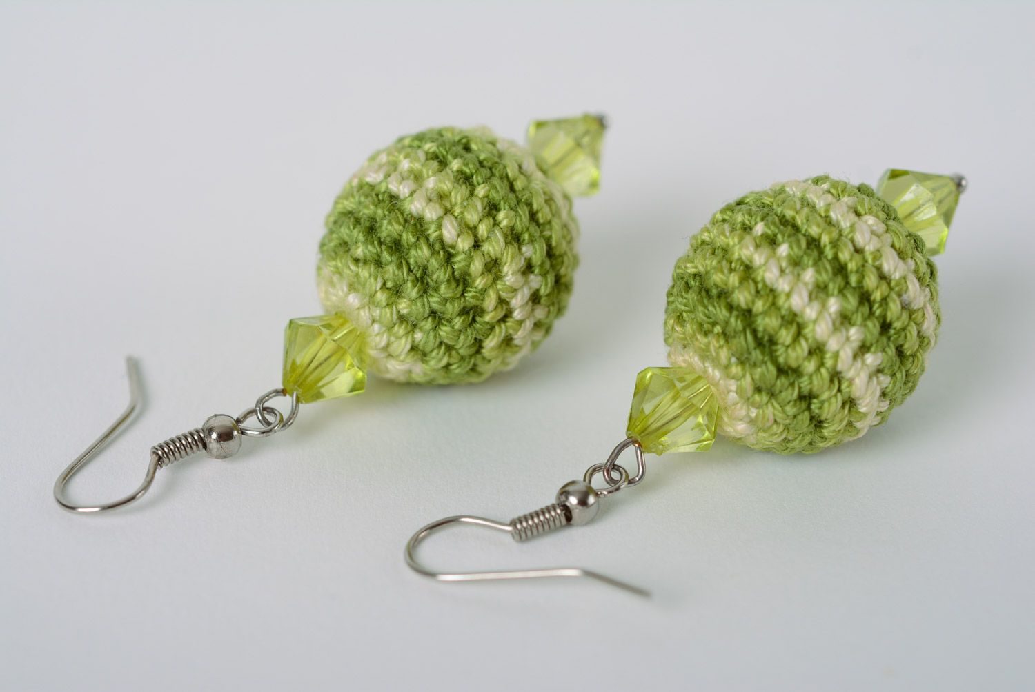 Handmade dangle earrings crocheted over with cotton threads in green color palette photo 3
