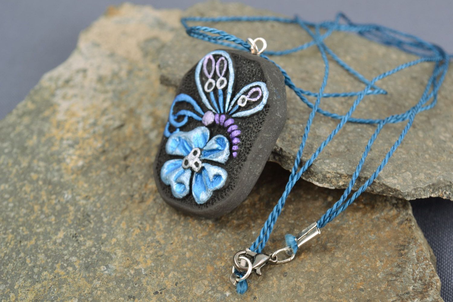 Handmade ceramic pendant painted with acrylics on cord Butterfly on Flower photo 1