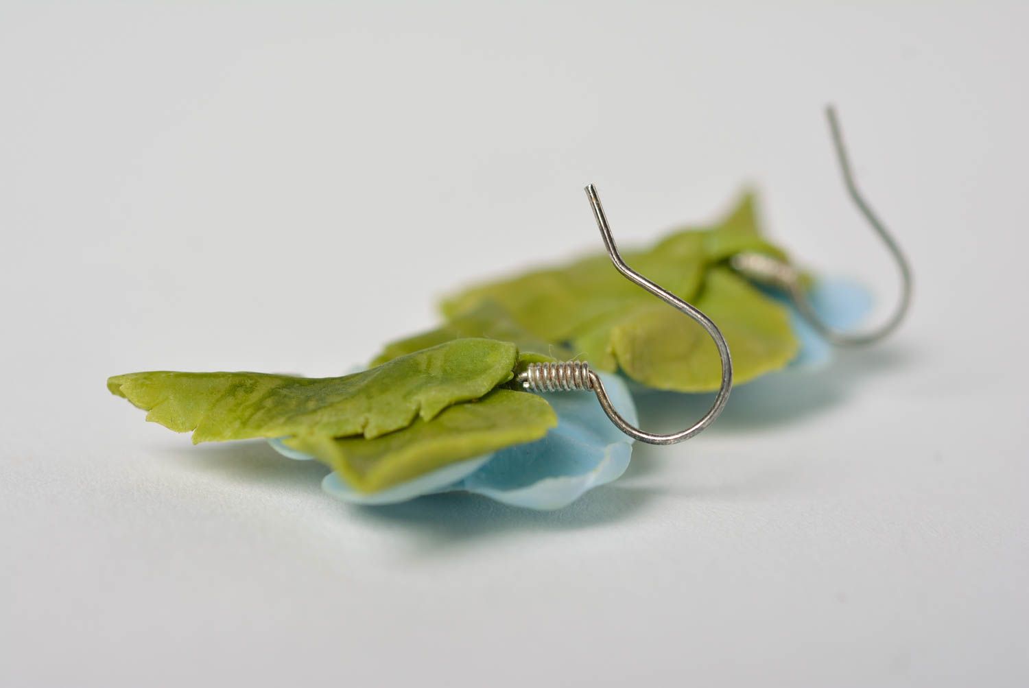 Handmade designer dangling earrings with tender blue polymer clay flowers  photo 3