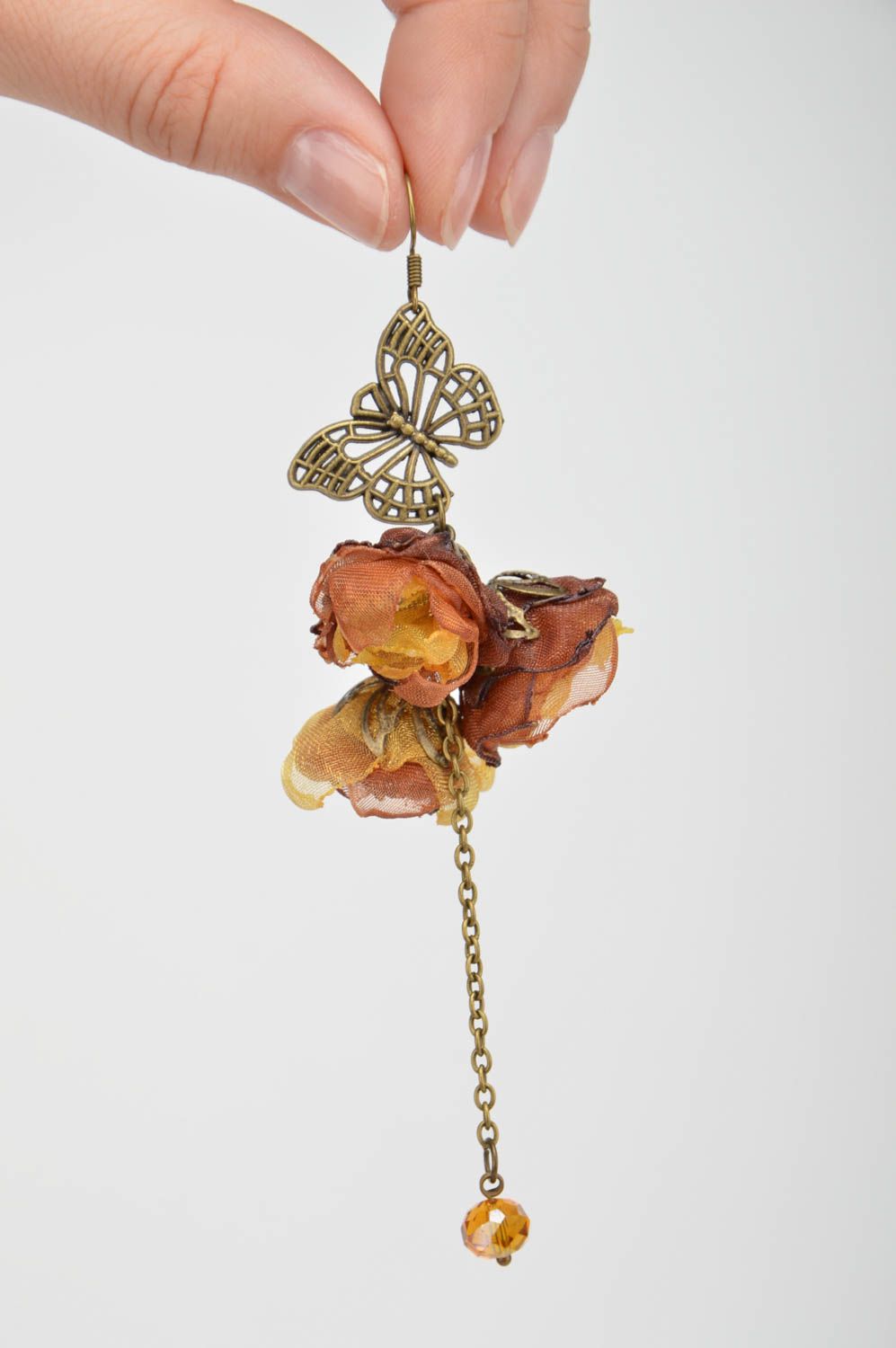 Шифоновые серьги в виде цветов ручной работы нарядные красивые Бабочки кофейные фото 2
