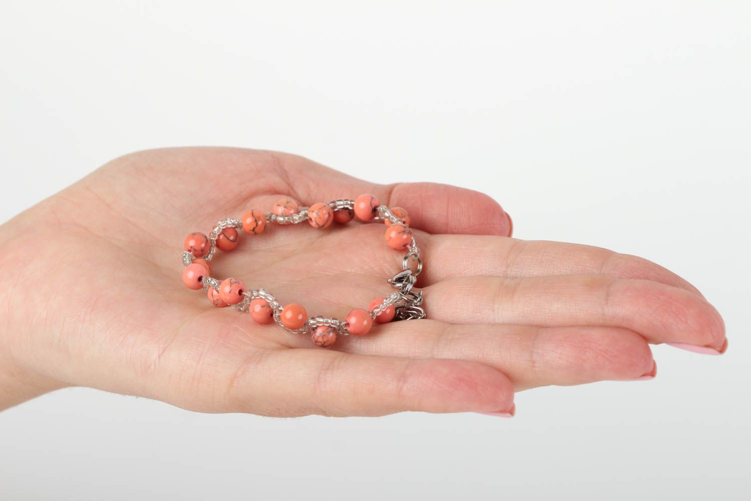 Chain line handmade beaded pale red wrist bracelet with natural stones for women and girls photo 5