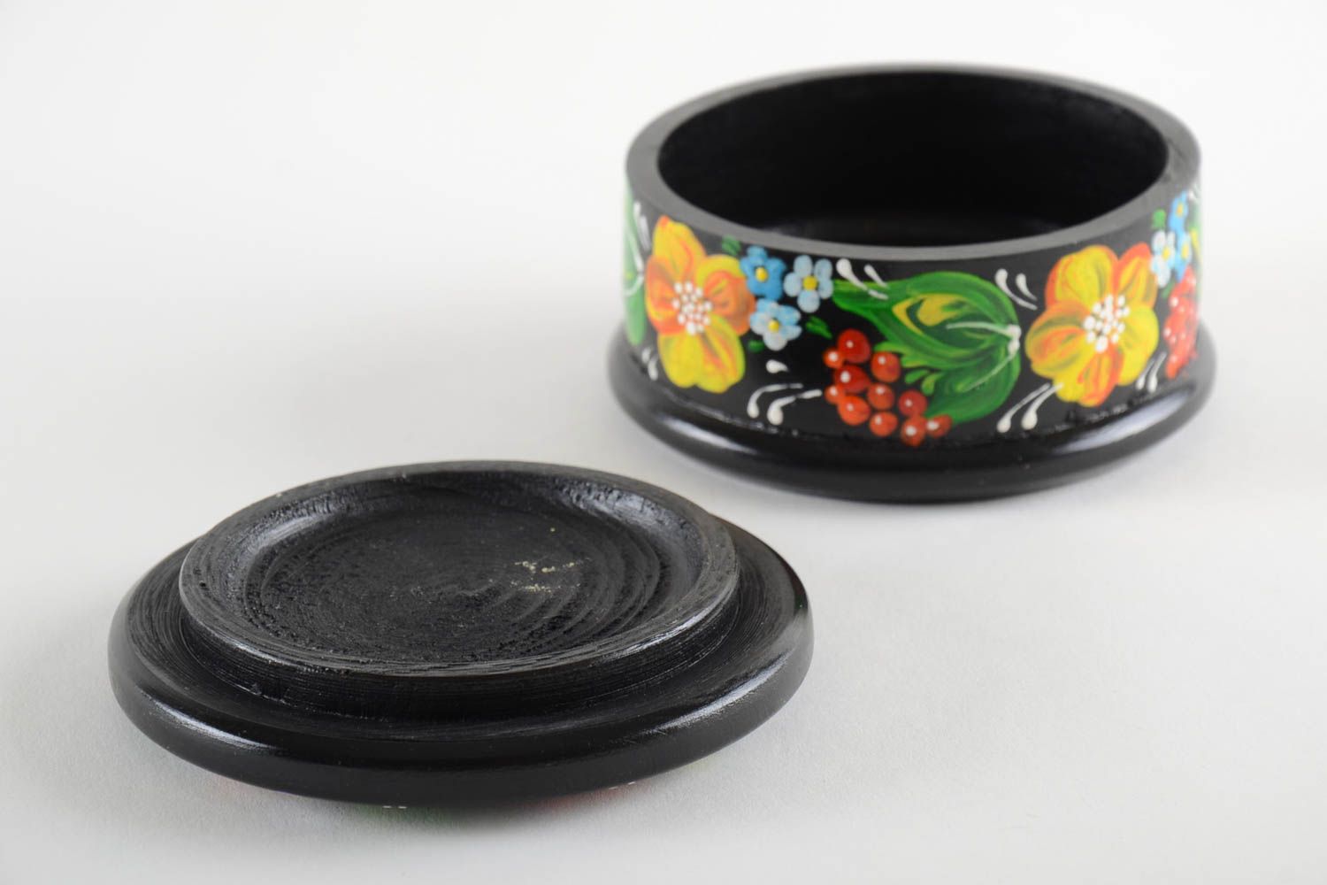 Boîte ronde en bois noire peinte à motif floral faite main pour bijoux cadeau photo 4